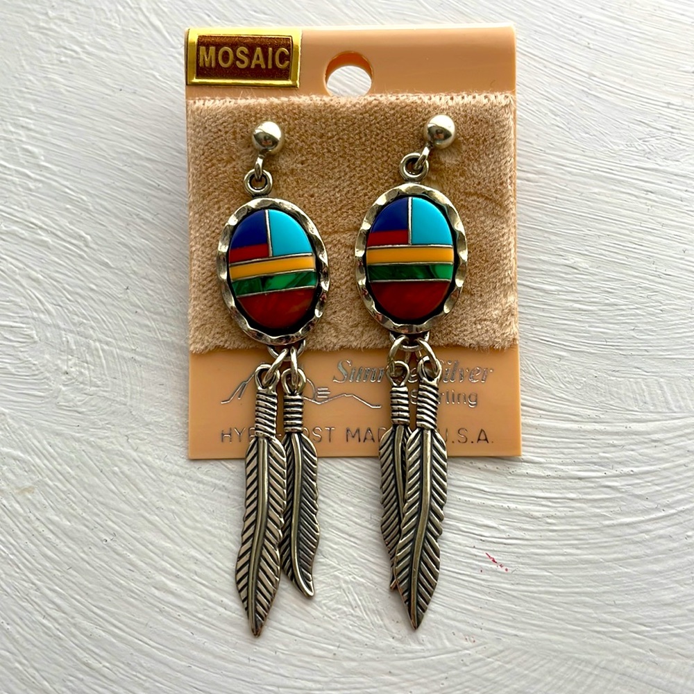 Mosaic stone earrings with feathers